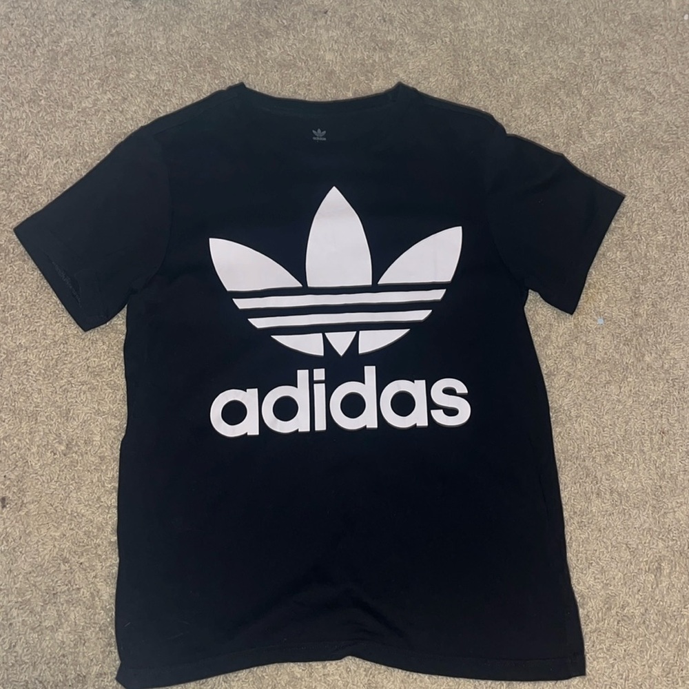 Black adidas logo t shirt. Youth large. First women’s small.